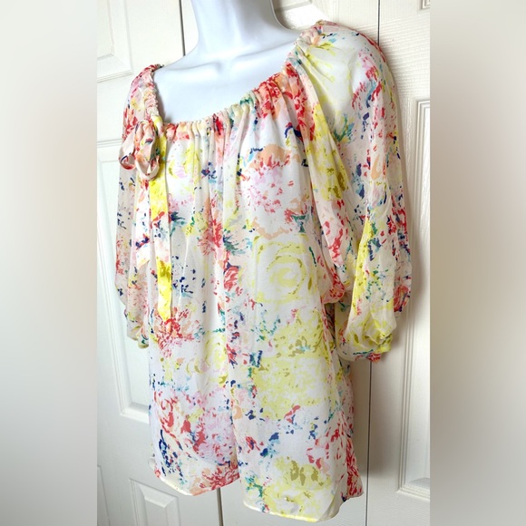 CAbi #826 Watercolor In Case Blouse Semi Sheer Shirt Floral Abstract Top Flowy - Picture 4 of 13